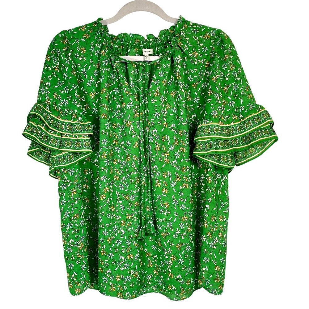 Max Studio Green Floral Peasant Blouse Ruffle Sleeve Tassel Tie Boho Top 1X - Picture 2 of 14
